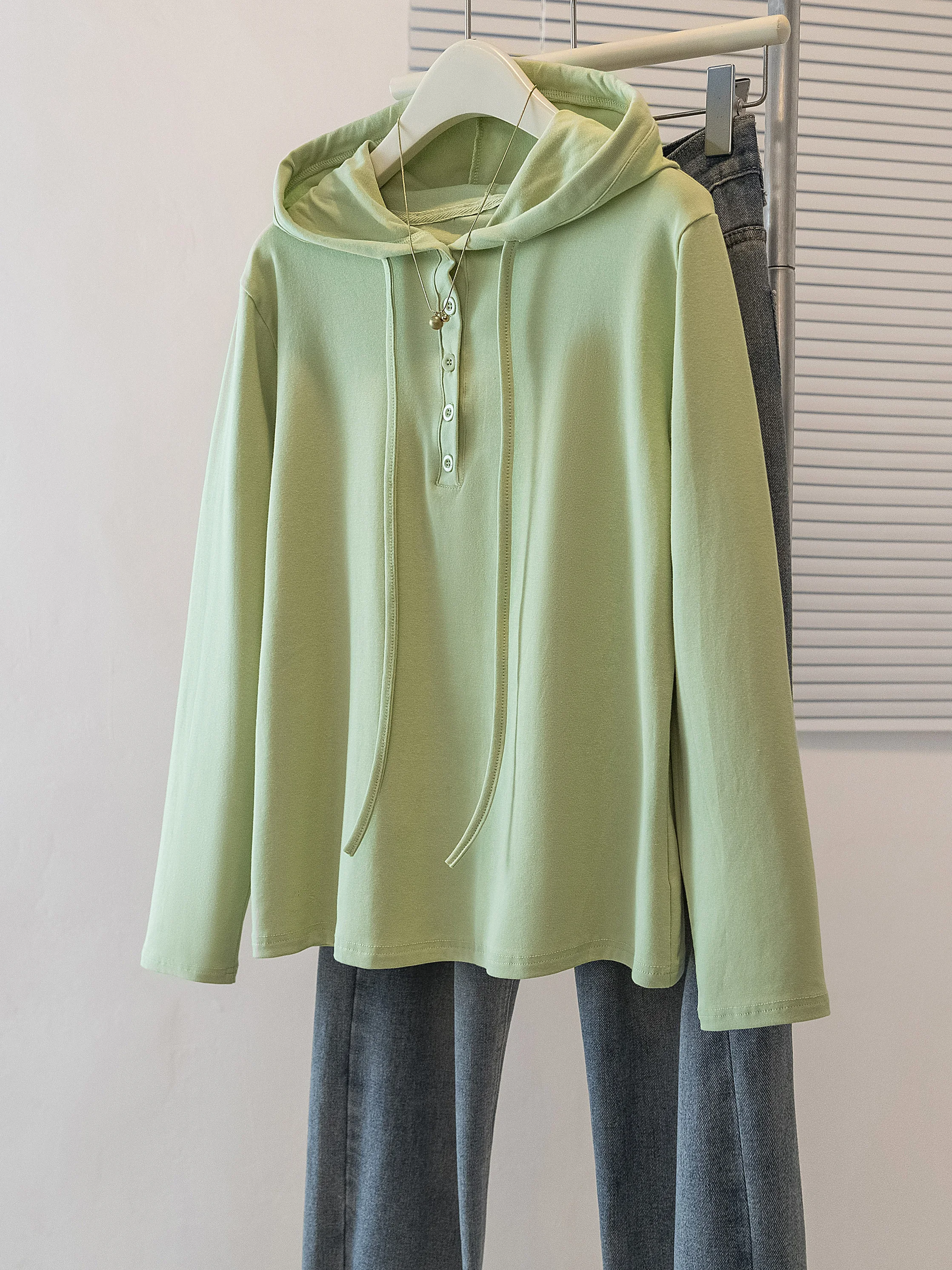 Drawstring Hooded Long Sleeve Sweatshirt Base Layer Top Women Spring Autumn plus Size Conceal Belly Loose Korean Style Shirt