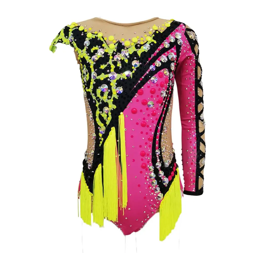 

Rhythmic gymnastics Leota girls short-sleeved rose red flash diamond fluorescent green tassel competition performance training