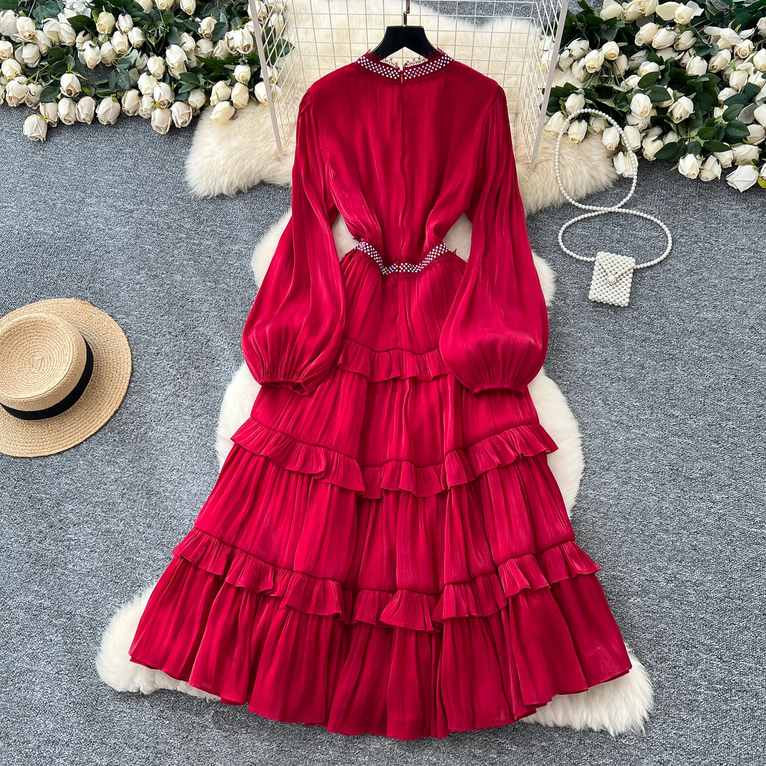 Casual lantaarnmouwen strass slim fit basics lange jurk Franse high street kleding dameskleding