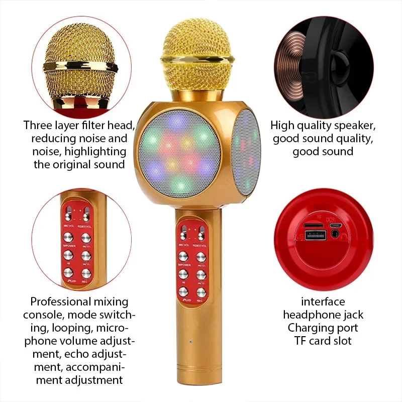 Immagine 3: WS1816 Microfono per karaoke wireless per bambini Microfono per bambini Microfono per bambini Bluetooth con luci a LED Altoparlante per microfono portatile