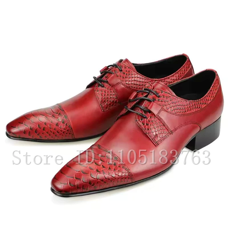 Men's Red Genuine Leaher Oxford Shoes, Elegant Pointed Toe Lace-Up Formal Dress Shoes for Wedding & Business