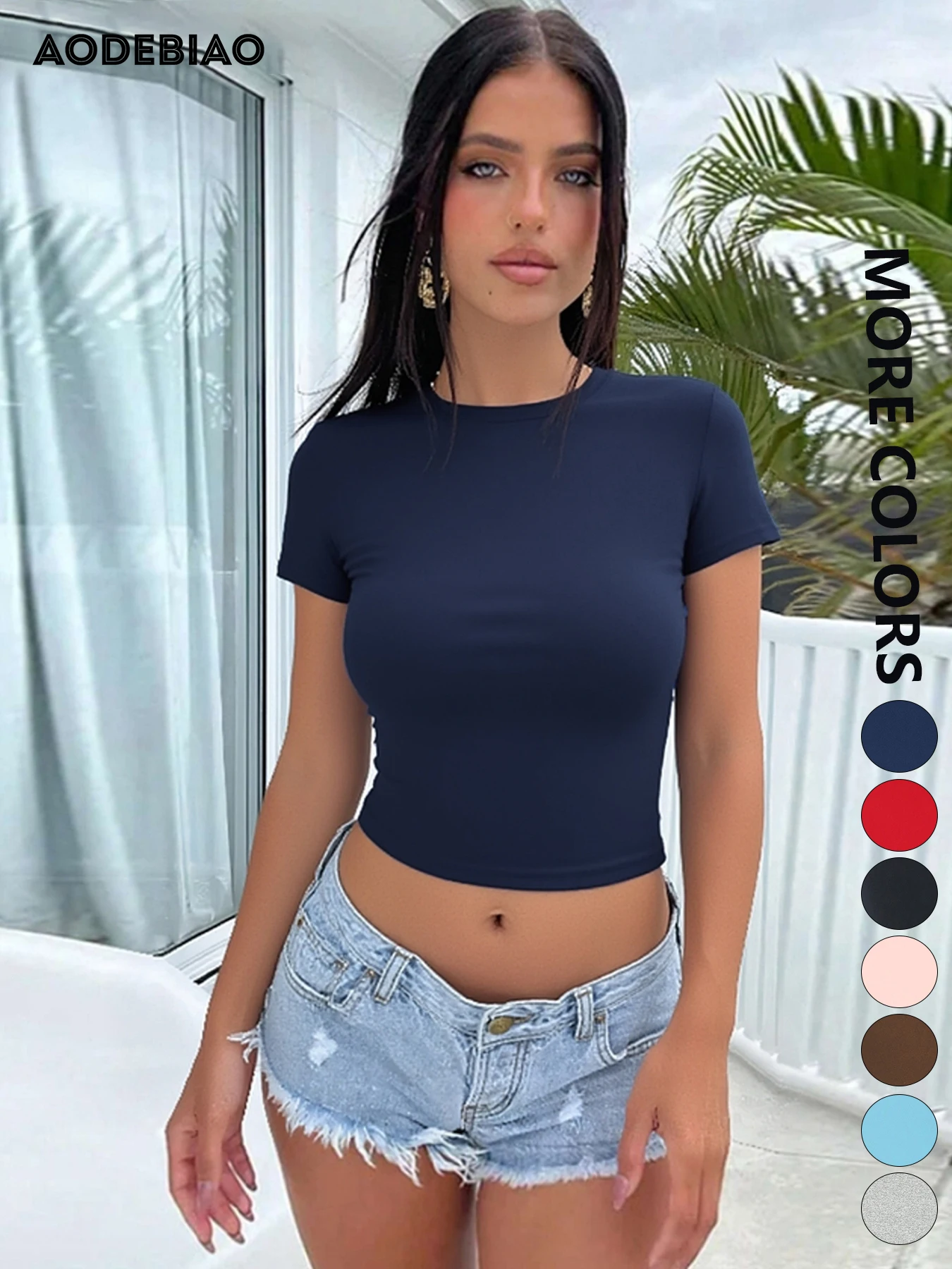 

AODEBIAO Gothic Solid Basic Tees Women Summer Short Sleeve Fashion Sweet O-Neck T-shirt Sexy Casual Bodycon Simple T-shirt Lady