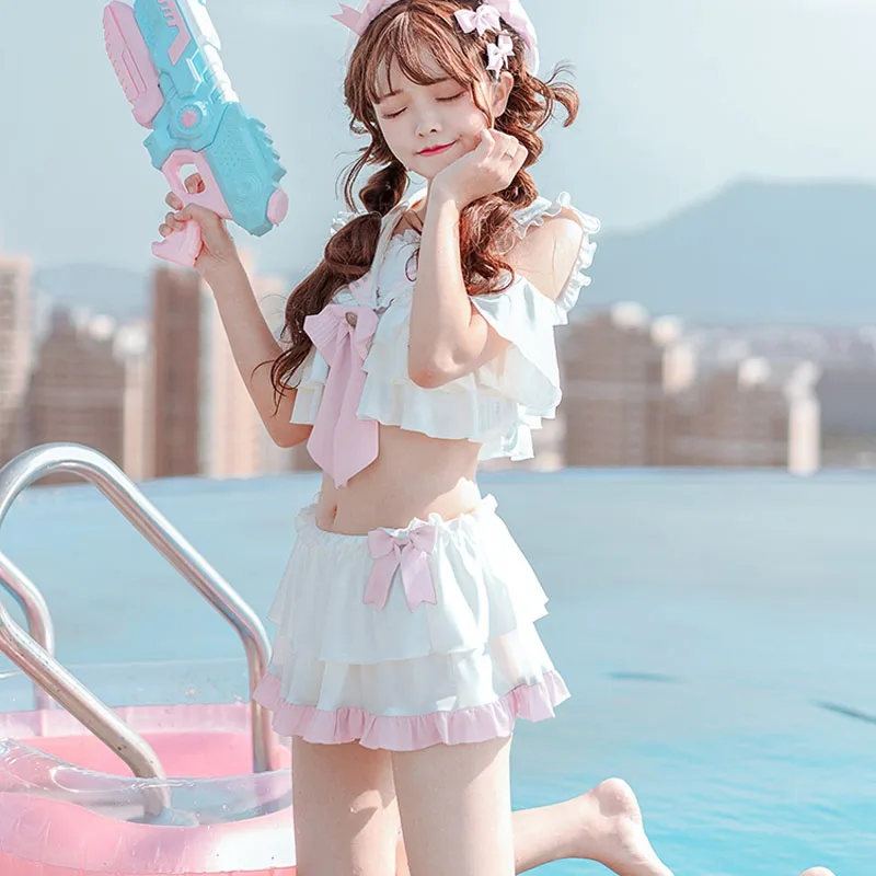 Japanese Style Sailor Collar Bowknot Off-Shoulder Ruffled Swimsuit Women Summer Cute Swimwear Bikinis 2 Pieces Swimming Suits