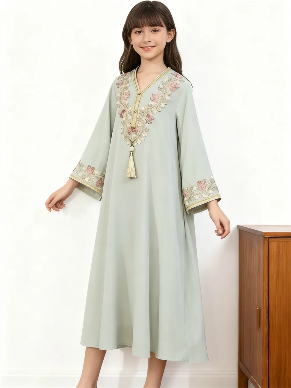 

Ramadan Muslim Girls Dress Eid Djellaba Applique Children Robe Arabic Party Dresses Dubai Abaya Turkey Kaftan Morocco Jalabiya