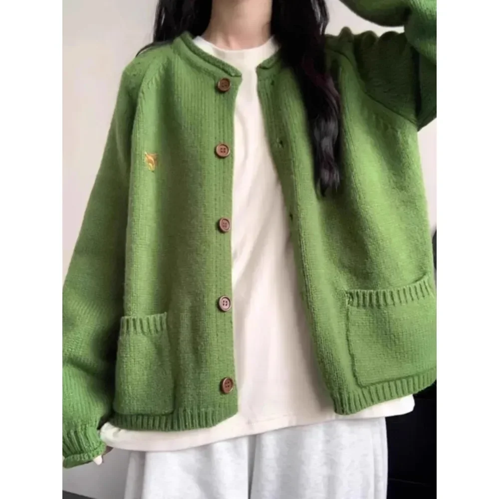 Japan fashion Retro Green Knit cardigan Sweater Outerwear Women 2024 Spring New Lazy Loose Wind Soft Glutinous Top