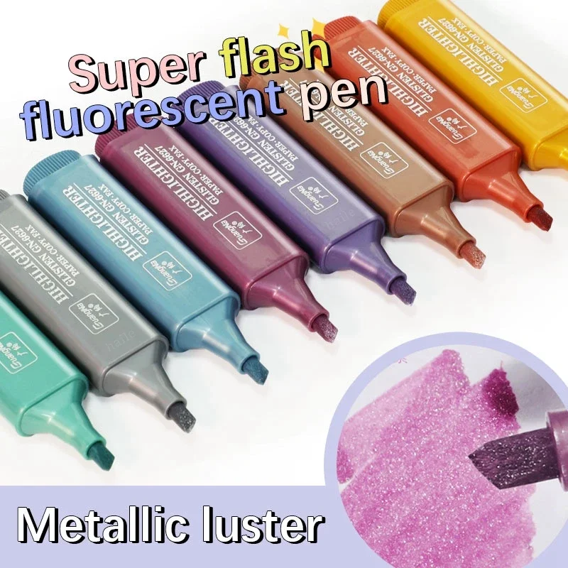 8pcs/Set Metallic Highlighter Morandi Gold Powder Glitter Highlighter Markers for Note Journaling Graffiti Pen Stationery