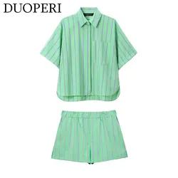 DUOPERI Women Fashion Two Pieces Sets Green Striped Shirt and Elastic Waist Shorts Female Chic Lady Casual Shorts Coordinates