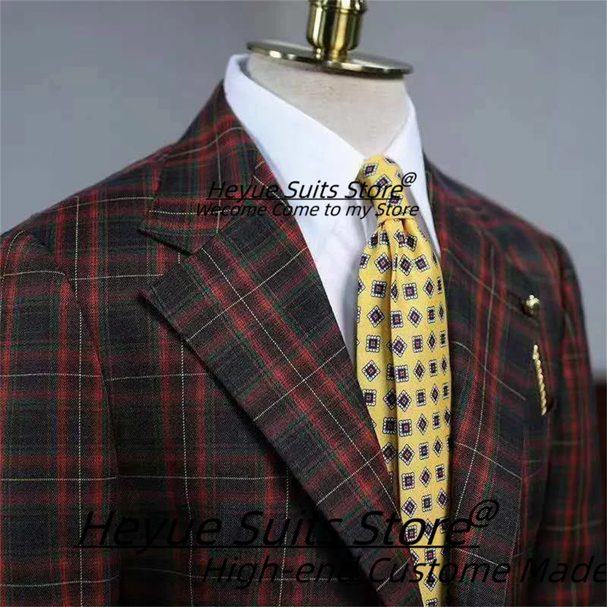 

High-qublity Burgundy Plaid Men's Suit Customized Slim Fit Vintage Leisure Groom Wedding Tuxedos 2 Pcs Sets Male Dinner Blazers