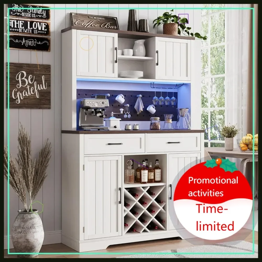 

Hot sales72" Farmhouse Coffee Bar Cabinet with Power Outlet, LED Light, Sliding Barn Door & Storage