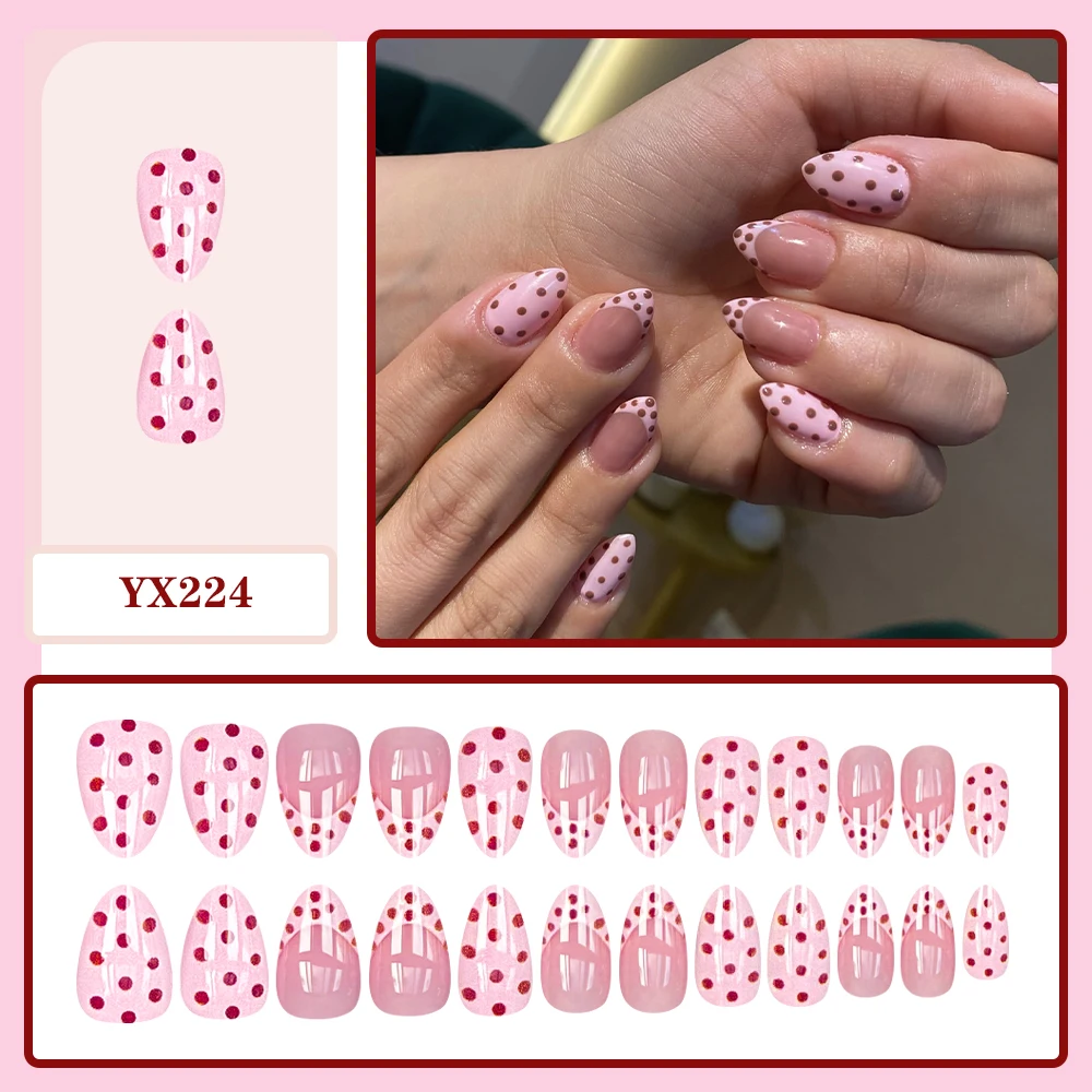 Pink Dots Press on Nails Short Round Fake Nails Nude Pink Base Red Glitter Polka Dot Glossy False Nails for Women Daily Wear