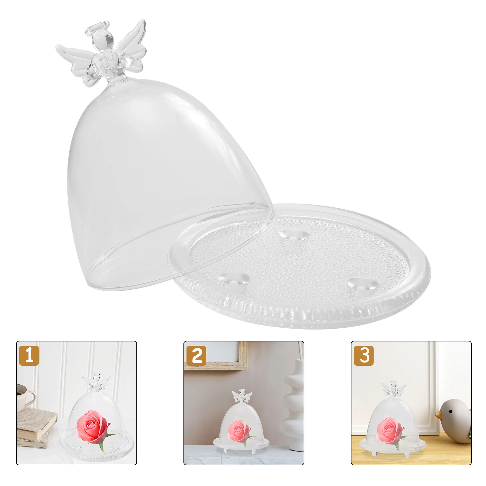 

1Set Angel Glass Dome Preserved Flower Cover Clear Display Shade for Collectibles Artificial Plants Decorative Eternal Flower