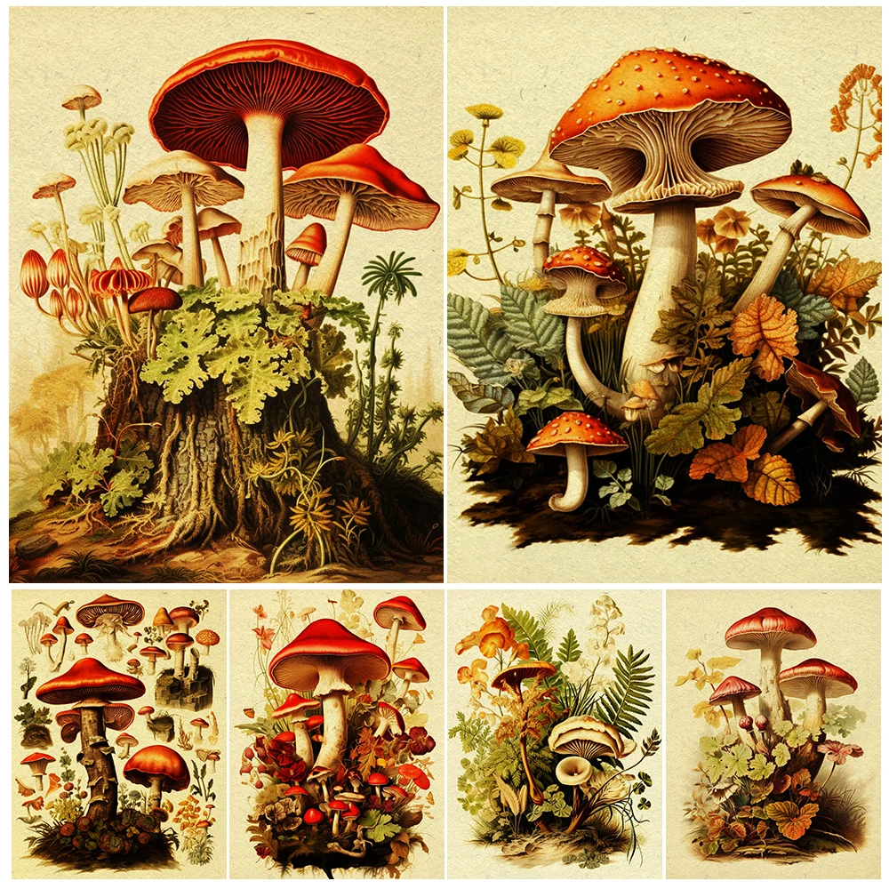 

Mushroom Print Victorian Botanical Aesthetic Vintage Wall Art Canvas Painting Fairy Plant Oil Abstract Art Poster Print Decor