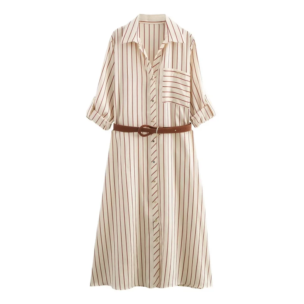 

2025 BM&MD&ZA Women's Dress: Stylish Striped Shirt - dress with Belted Detail, Ideal for Effortless Elegance