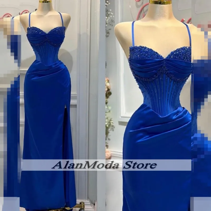 Customized Royal Blue Evening Dresses Beading Spaghetti Straps Mermaid Prom Dress Formal Occasion Women Split Party Gowns