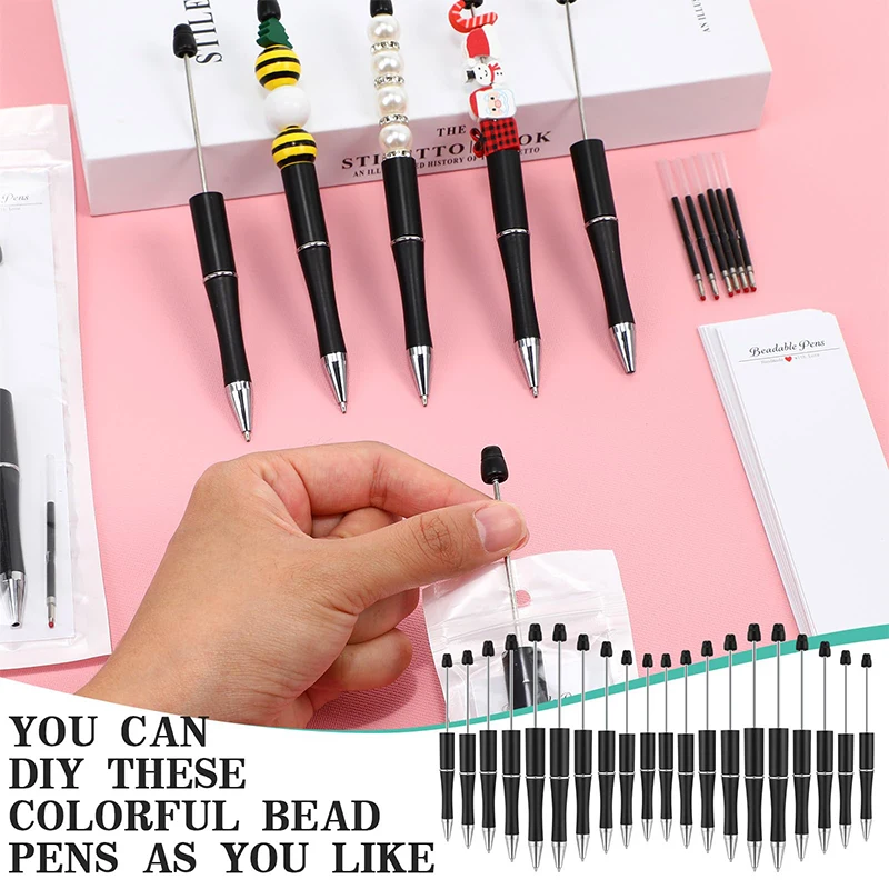 200Pcs Plastic Beadable Pen Bead Ballpoint Pen  Black Ink Bead Pens for DIY Pen Decorations Supplies Office School