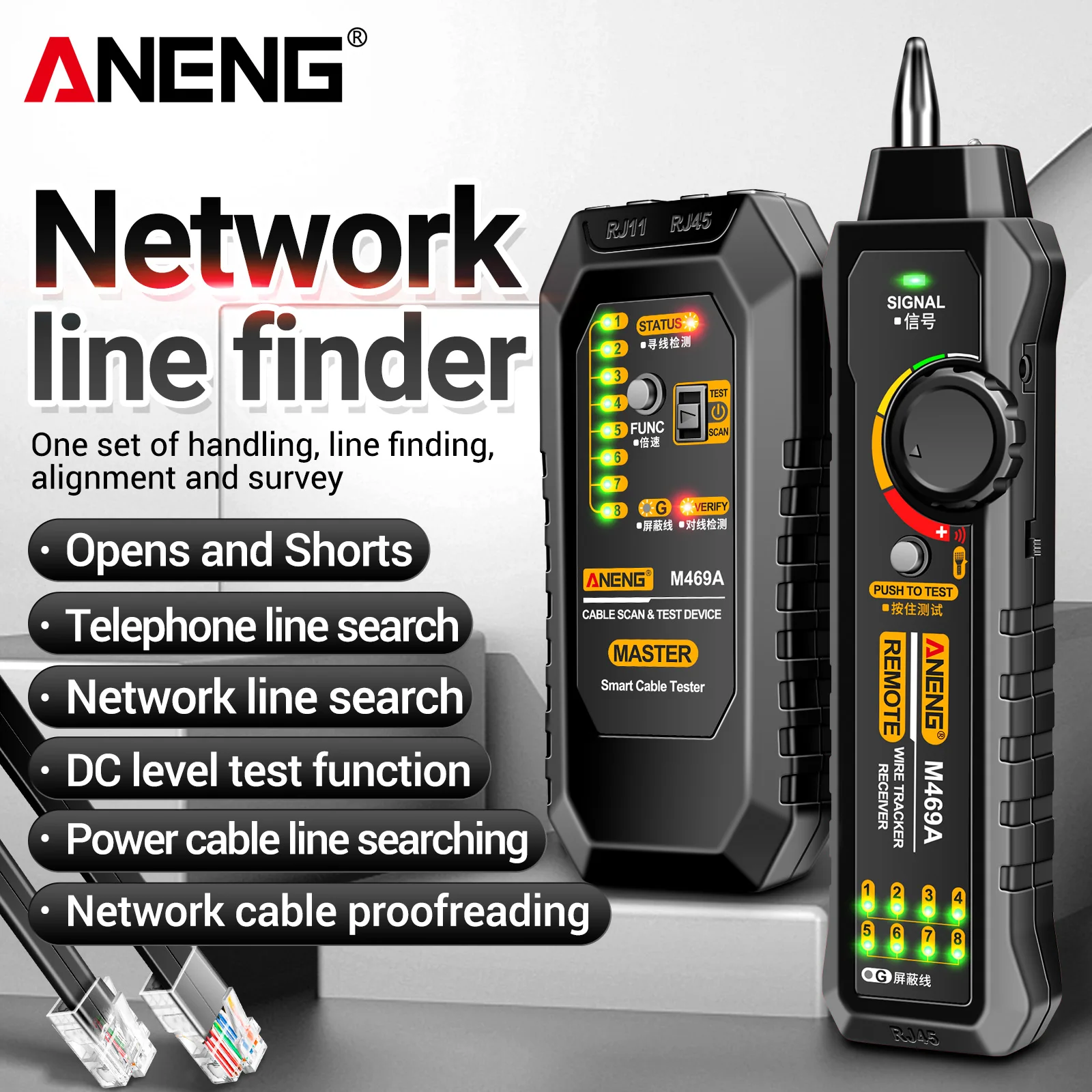 ANENG M469A kabel sieciowy Finder Lan Rj11 Rj45 Tester antyinterferencyjny przyrząd do testowania wielofunkcyjny lokalizator przewód sieciowy