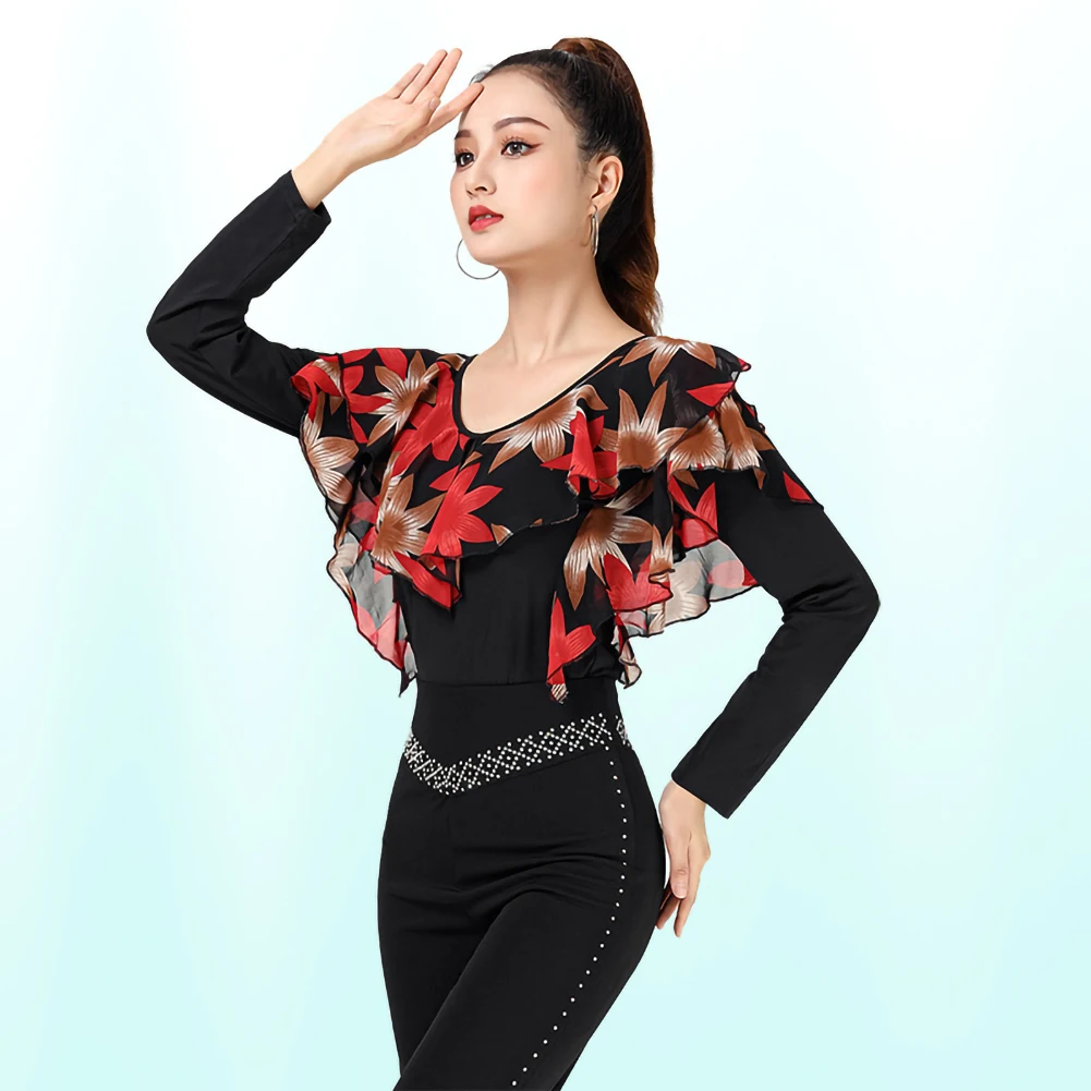 New Latin Dance Maple Leaf Long-Sleeved v collarBlouse Ladies Modern Dance practice Clothes Dancing Professional