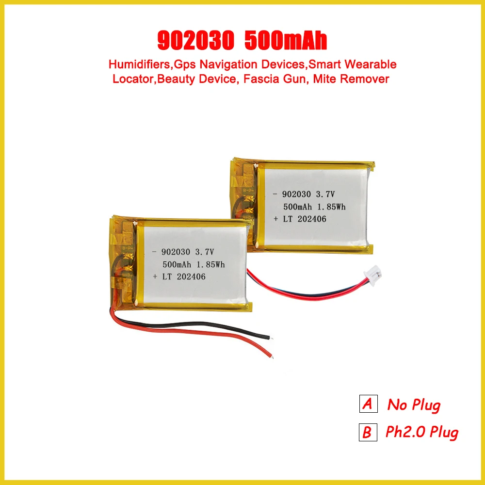 902030 500mAh 3.7V Polymer Lithium Battery For Humidifiers Gps Smart Wearable Locator Mite Remover Rechargeable Lipo Batteries