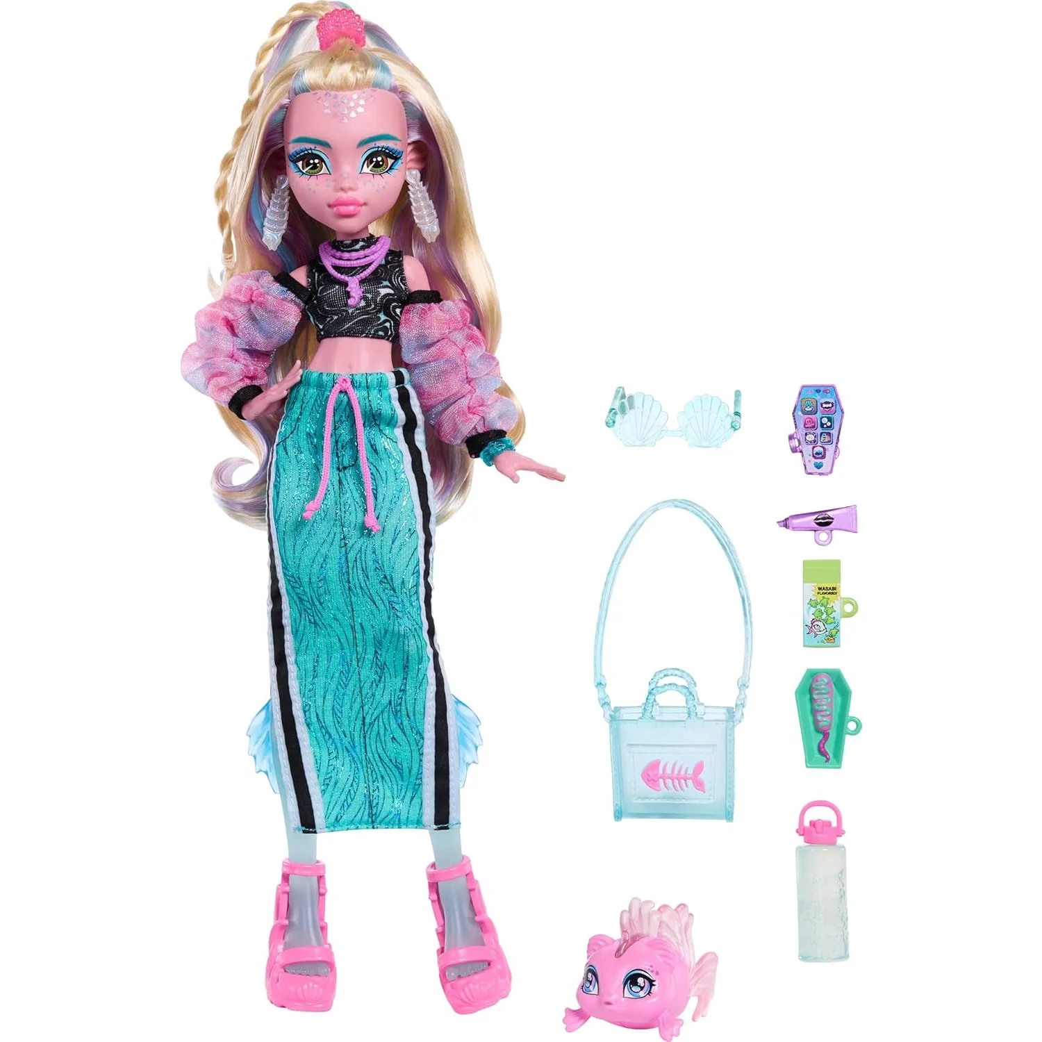 2026 Neue Original Mattel Monster High Puppe Lagoona Blau im sportlichen Maxirock mit Haustierfisch Neptuna Spielzeug für Mädchen Geschenke JHK33