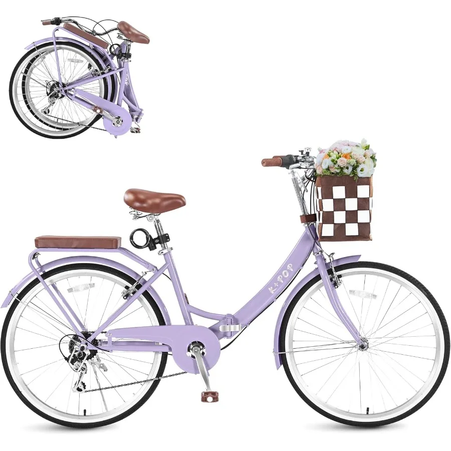 دراجة كروزر للشاطئ قابلة للطي للنساء مقاس 24/26 بوصة 7 سرعات للتنقل مع سلة خفيفة الوزن للبالغين والنساء لشركة City Co #1