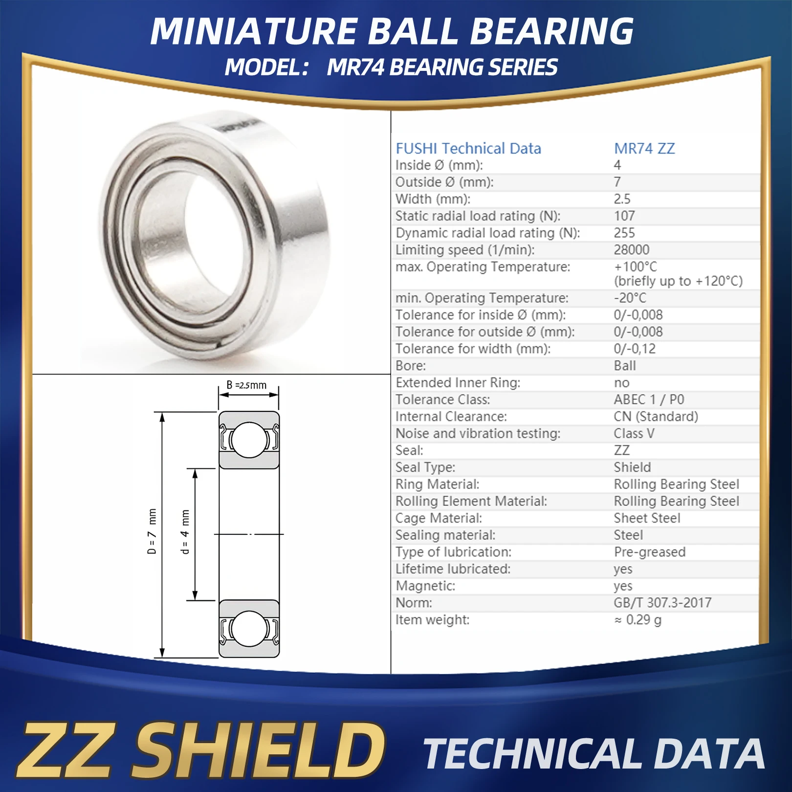 Подшипник FUSHI MR74 ZZ 4x7x2,5 мм, 10 шт. MR74ZZ MR74RS, подшипники для наконечников для видеокарты, высокая скорость для двигателя