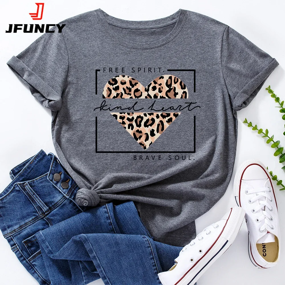 Oversize damskie topy Leopard Love Heart Print Tshirt koszule damskie letnia koszulka na co dzień z krótkim rękawem podstawowa koszulka bawełniana
