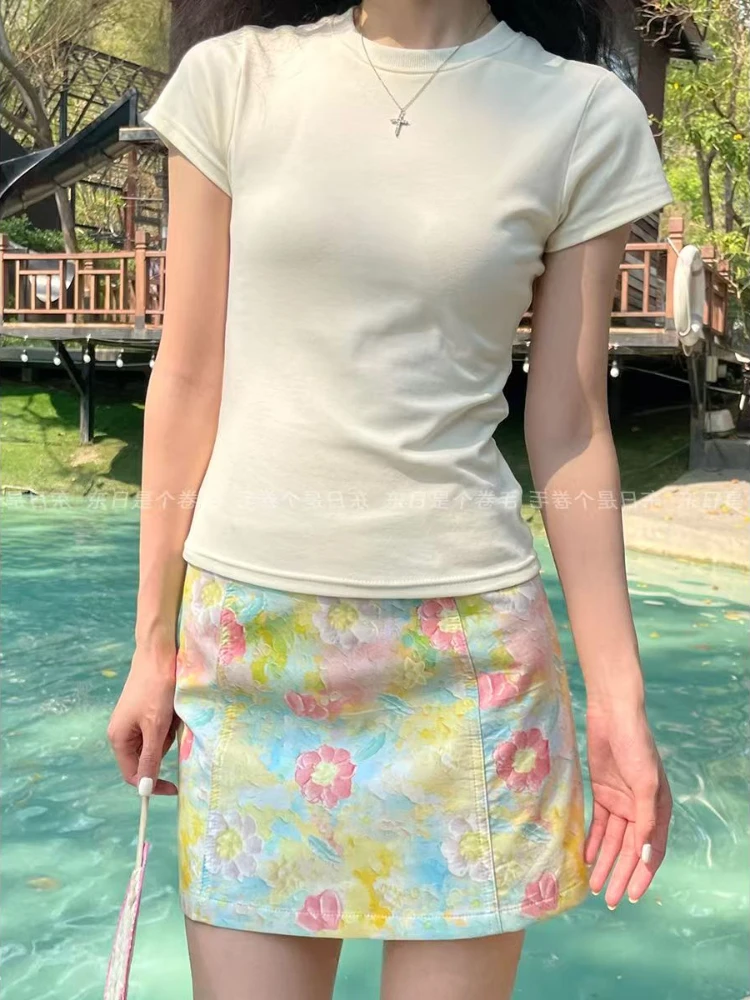 

Flower Printed Mini Skirt Women 2025 Summer High Waisted Slim A-line Floral Skirts Fashion Vacation Beach Style Faldas