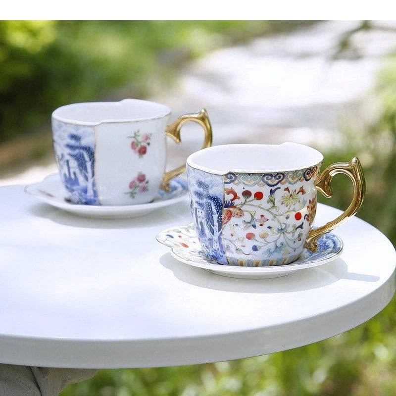 

Asymmetrical Painted Ceramic Cups Coffee Cup and Saucer Milk Tea Fruit Juice Container Retro Blue White Porcelain Mugs