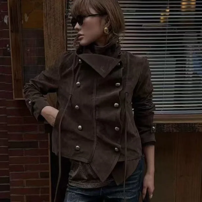 Vintage Brown Maillard Jackets for Women Loose Irregular Jacket Spring Autumn Turn-Down Collar Chic Design Top Casual Coat Women