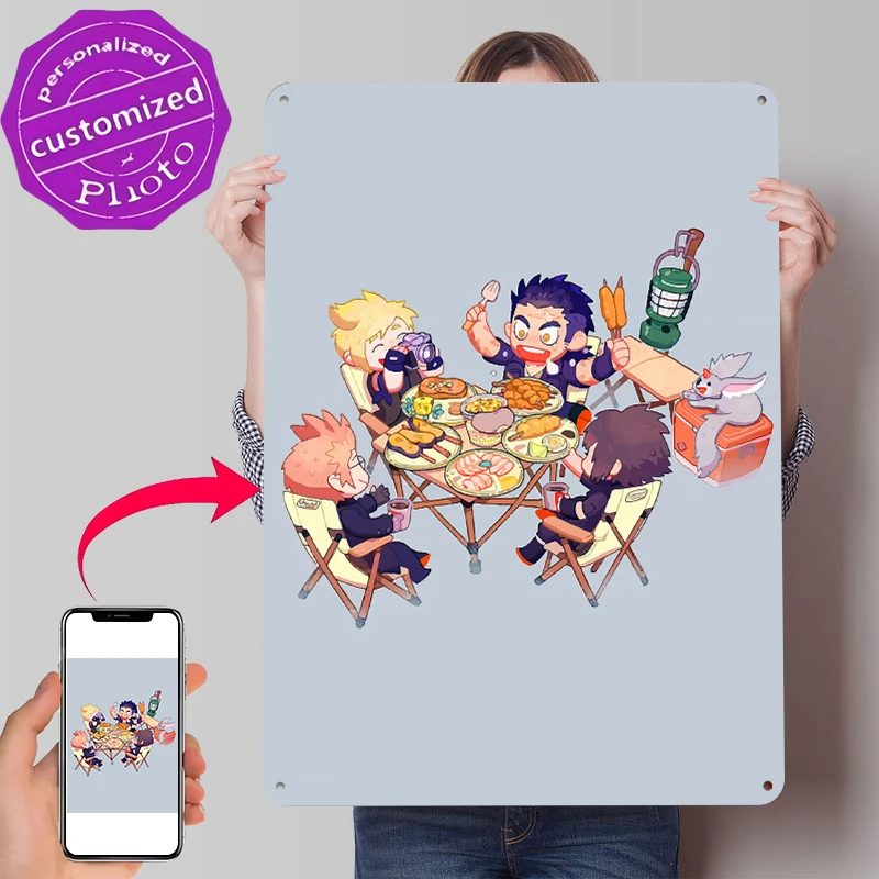 Chibi Characters Enjoying a Picnic Meal Tinplate Poster Customized Wall Art Retro Vintage Metal Signs for Fans Decoration Home
