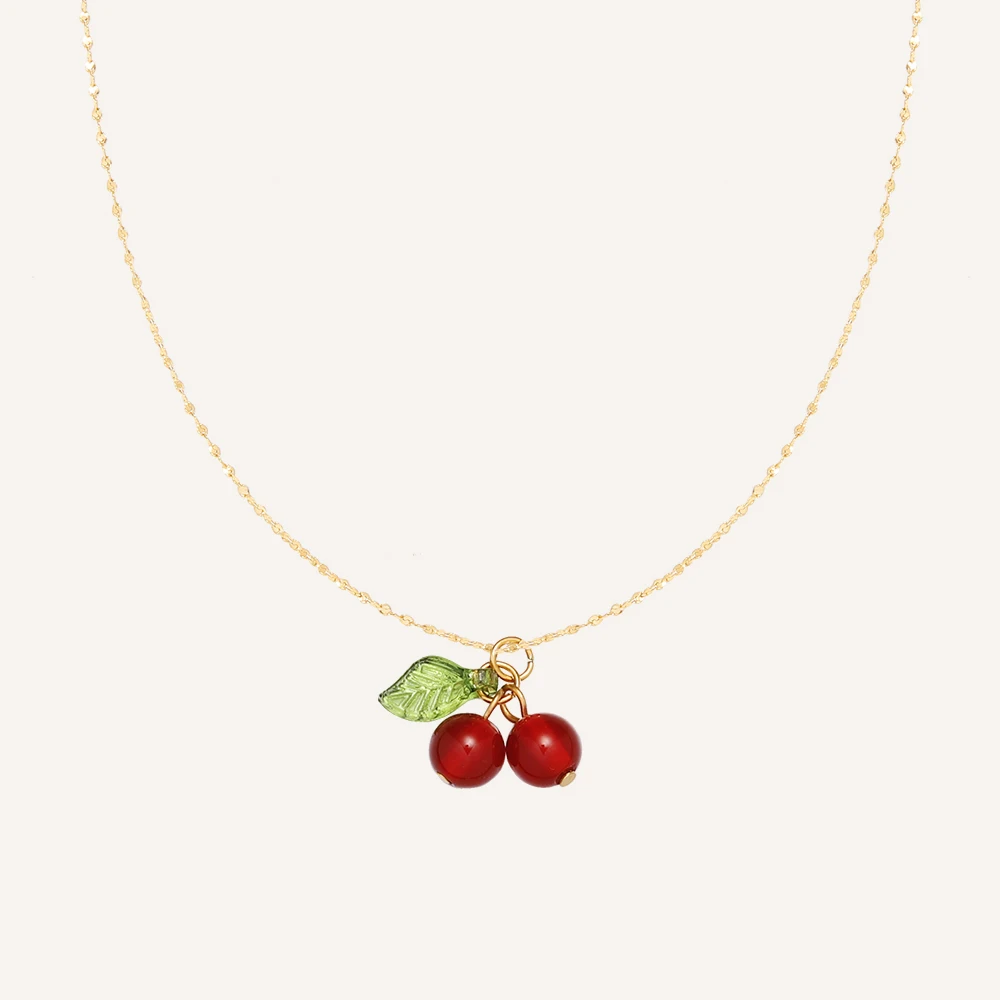 Cute Sweet Carnelian Cherry Stainless Steel Vintage Fashion Pendant Necklace Charm 18K Gold Plating Jewelry Bijoux