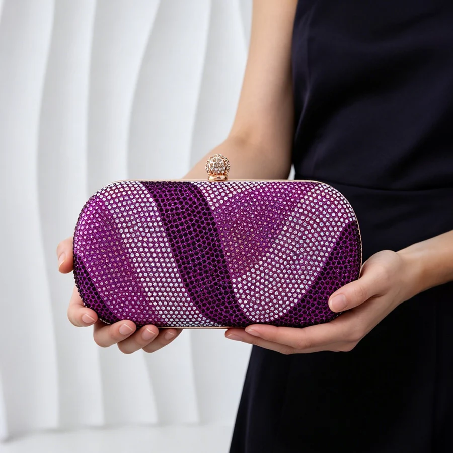 Purple Colorful Rainbow Colors Diamond Evening Purse Wedding Party Crystal Clutch Wallet Bag Banquet Gala Dinner Female Handbag