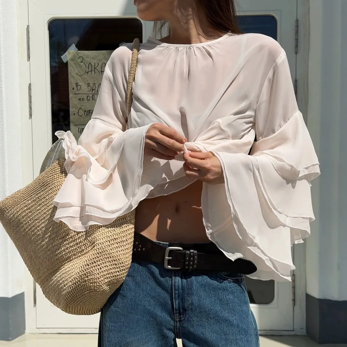 Whisper Lumi Elegant Blouse Women Aesthetic Clothing Ruffle High Neck Tie-up Back Long Sleeve Shirt y2k Clothes Streetwear