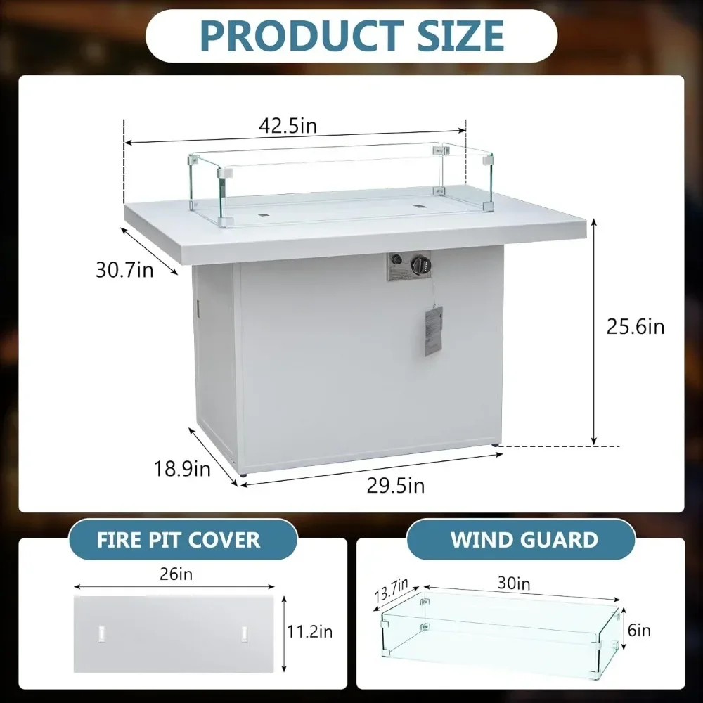 Fire Pits Table with Glass Stones & Wind Guard Glass Cover, Outdoor Aluminum Rectangle Propane Gas Fire Pit