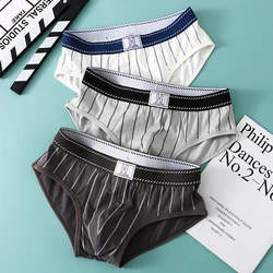 3PCS 100% Cotton Men's Panties Striped Print Mens Sexy Underwear Soft Breathable Mesh Crotch High Elastic Waistband Underpants