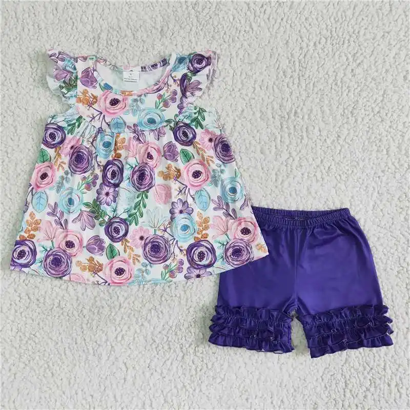 Wholesale Girls Summer sleeveless Shorts With Multi-Element Pattern Printing And Bright cColors With Three Layers Of Ruffle