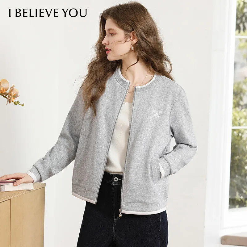 I BELIEVE YOU Women's Grey Floral Embroidery Baseball Jacket 2026 Autumn Round Collar Zip Up Coat Casual Slim Tops 2263186539