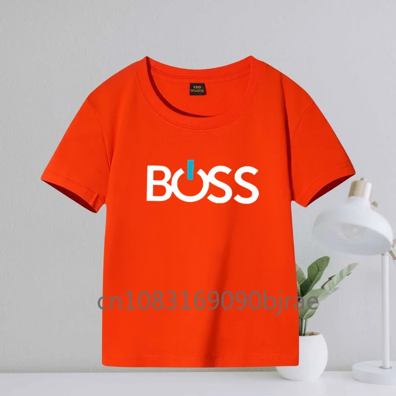 Summer Kids Concise Boss Letter Printing Boys Casual 100% Cotton Breathable T-shirt Round Neck Short Sleeve Comfy Girls Tee Tops