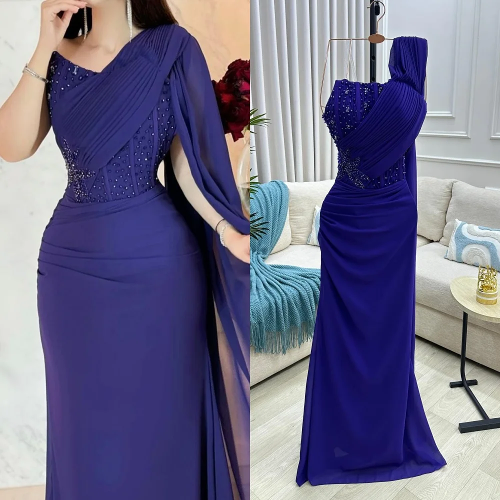

Customized Fashion Sparkle Chiffon Pleat Pearl Rhinestone Straight Off-the-shoulder Long Dresses Bespoke Occasion Dresses Retro