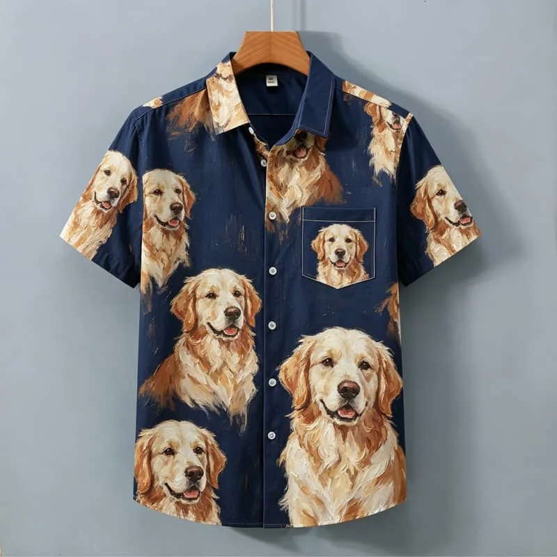 

Oil painting style animal print vacation shirt, short sleeved shirt with pockets, suitable for vacation and cute casual style