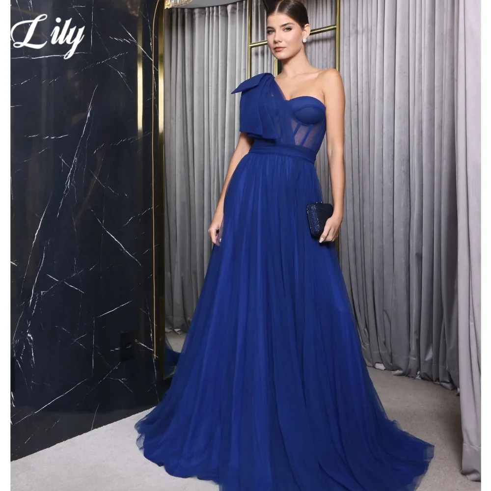 Lily Navy Blue Elegant Prom Dress One shoulder Sweetheart Prom Gown Sleeveless Hollow Beach Dresses with Fishbone robes du soir