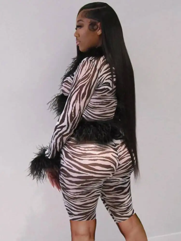 섹시한 시스루 2 피스 세트 여성 깃털 패치 워크 풀 슬리브 탑 + 스키니 반바지 미드나잇 클럽 파티 트렌드 슈트 EOB8