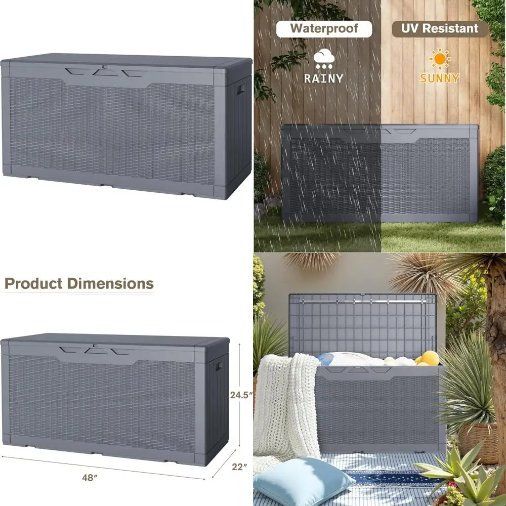 

Водонепроницаемый ящик для хранения на открытом воздухе емкостью 100 галлонов, запираемая крышка для садовых инструментов и подушек для патио, серая коробка для палубы из смолы