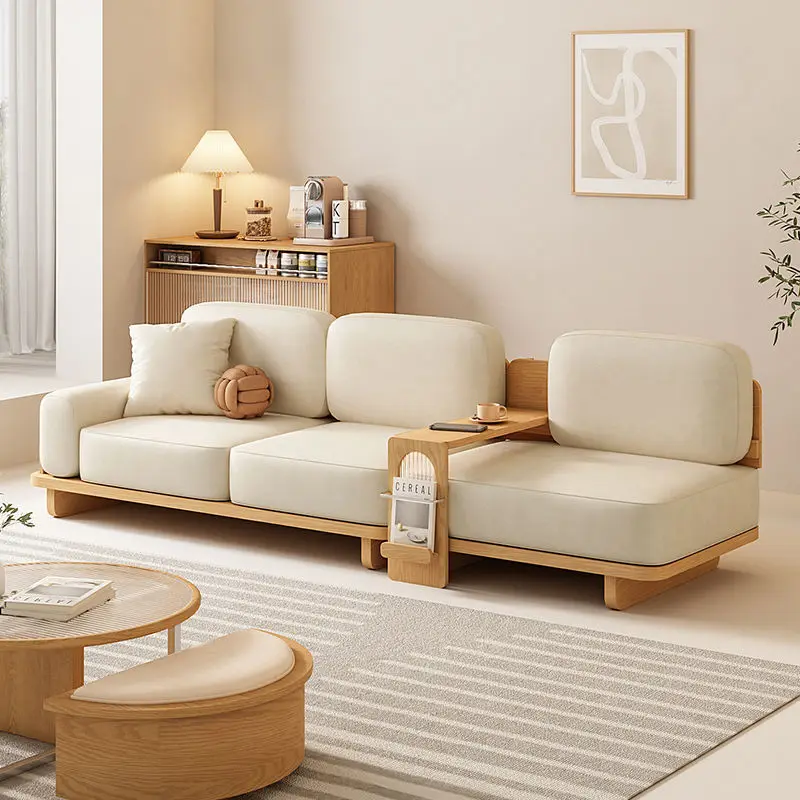 Multi-person small apartment living room solid wood straight row sofa cream style simple designer homestay reception side sofa