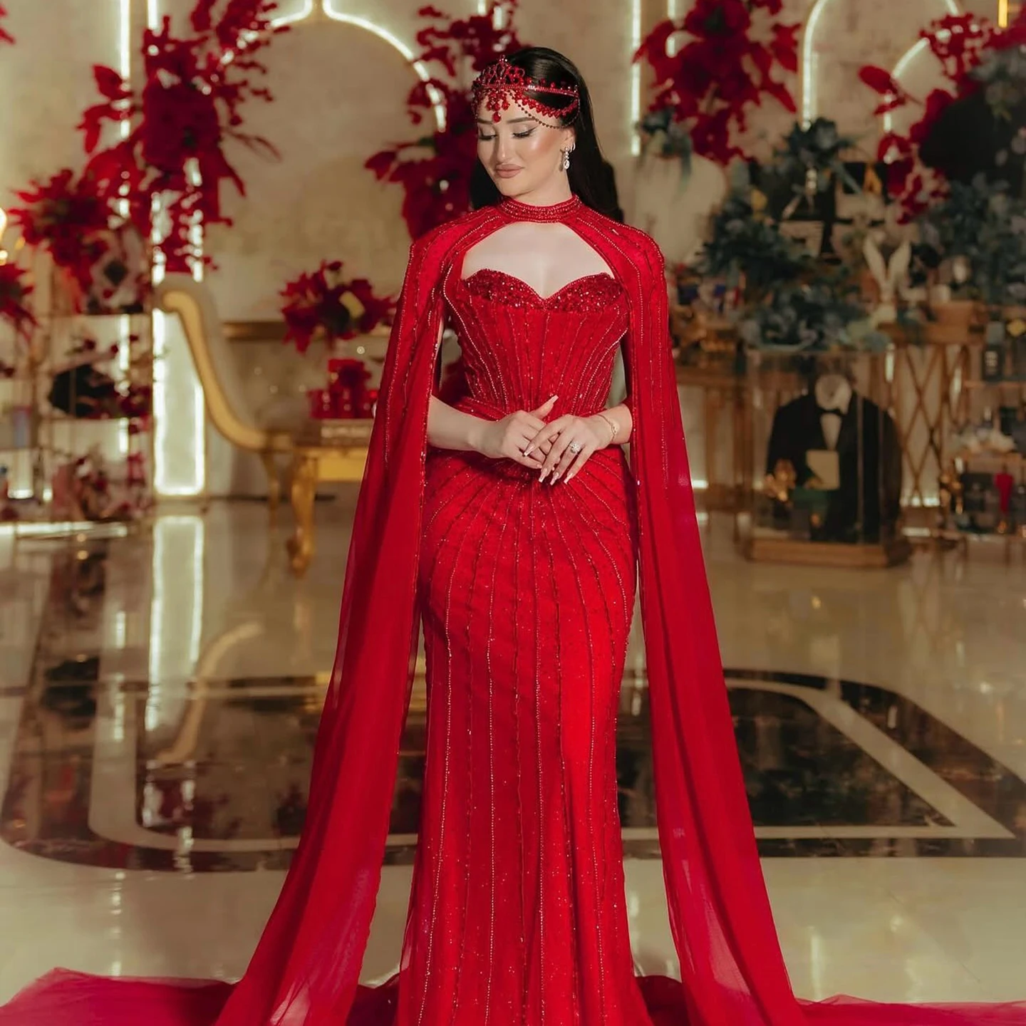 

Sharon Said Роскошное винно-красное вечернее платье с накидкой на рукавах, длинное розовое платье для женщин, свадебное платье для выпускного вечера, арабское SS156, по индивидуальному заказу