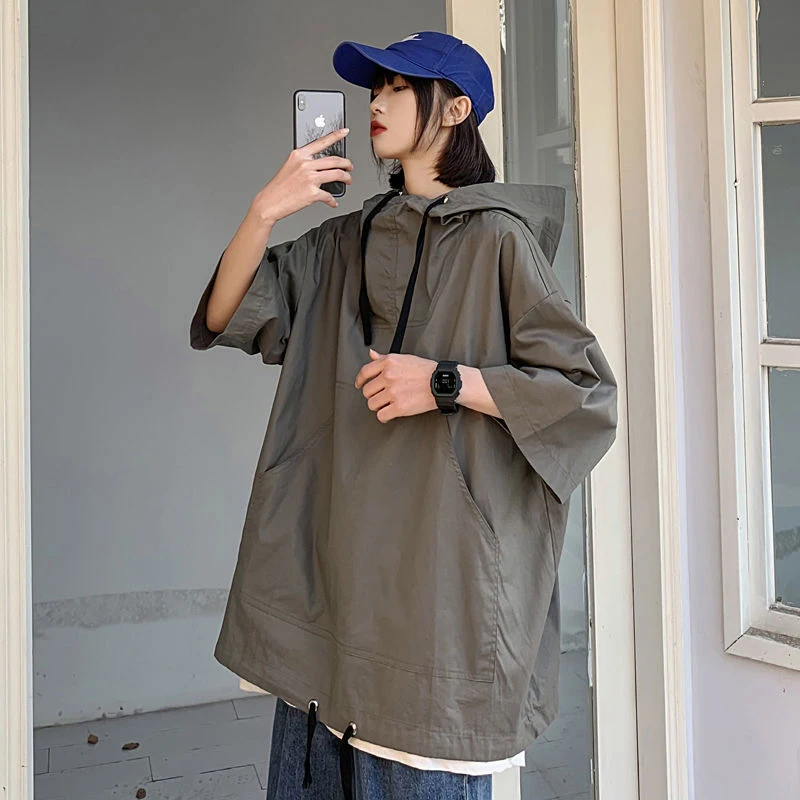 

Summer Thin Hooded Short Sleeve Men Sweatshirt Harajuku Casual Fashion Loose All-match Oversized T Shirt Sport Football Tops Tee