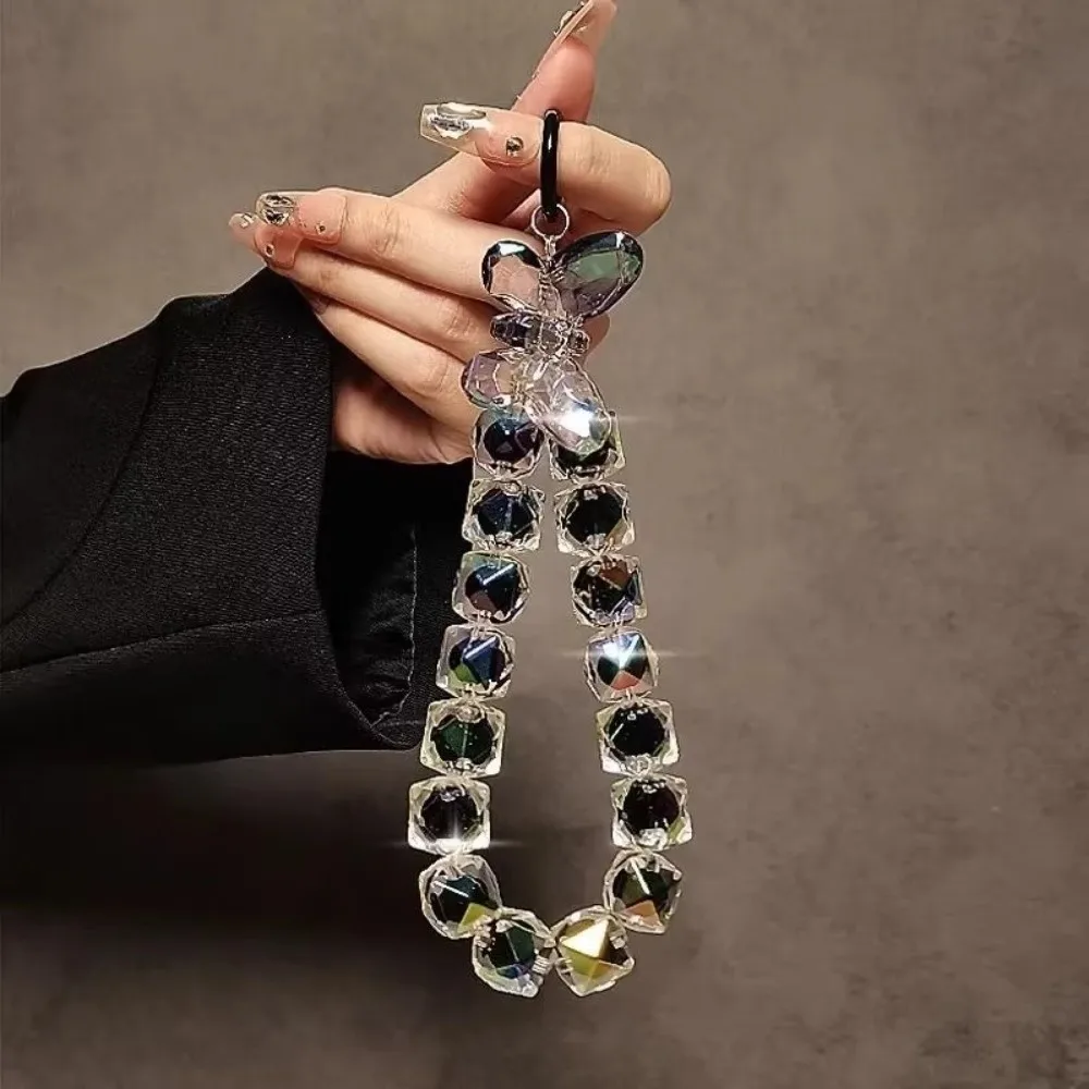 Gifts Butterfly Sparkling Diamond Phone Chain Anti-loss Bag Keychain Colorful Beaded Hanging Portable Crystal Bead Wrist Strap