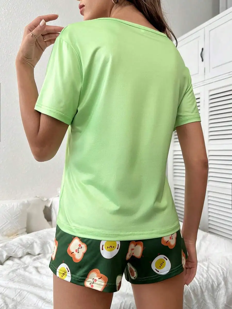 Cartoon Print Short Sleeve Sleep Top And Shorts Pajama Set