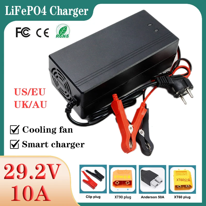 New 29.2V 10A LiFePO4 Battery Smart Charger AC110/220V with fan For 8S 24V 25.6V 50A 100A E-tool Lithium iron Cell Fast Charging