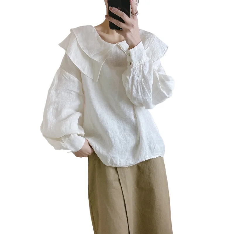 

Корейский стиль, воротник с оборками, хлопково-льняная милая повседневная женская блузка, повседневные свободные однотонные шикарные элегантные топы с рукавами-фонариками больших размеров
